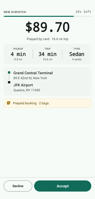 The same trip arriving on the driver's Android phone as an incoming dispatch, with the prepaid fare, distance and pickup