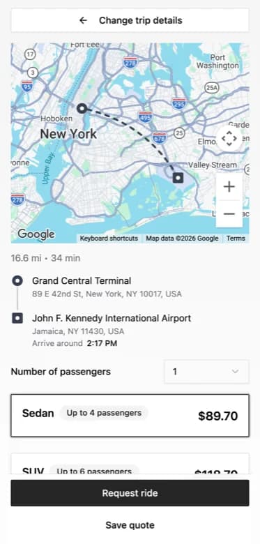 A rider booking a Grand Central to JFK trip on a fleet booking page, with the fare shown before they request the ride